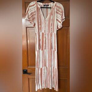White and brick red striped maxi dress